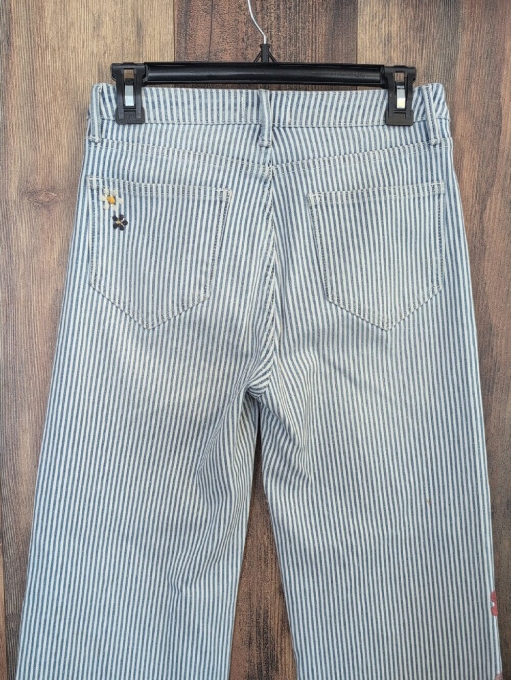 DRIFTWOOD PinStriped Wide Leg Floral Embroidery Fray Hem Jeans 25 710A - Picture 4 of 9